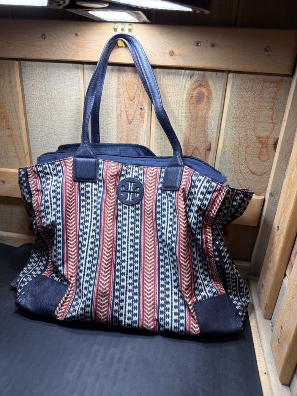 Tory Burch Navy Ikat Printed Packable Nylon Tote Shoulder Bag Women's Travel